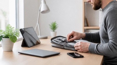 User organizing workspace with digital tools