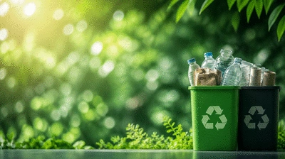 Sustainable waste management concept with recycling symbols and green background